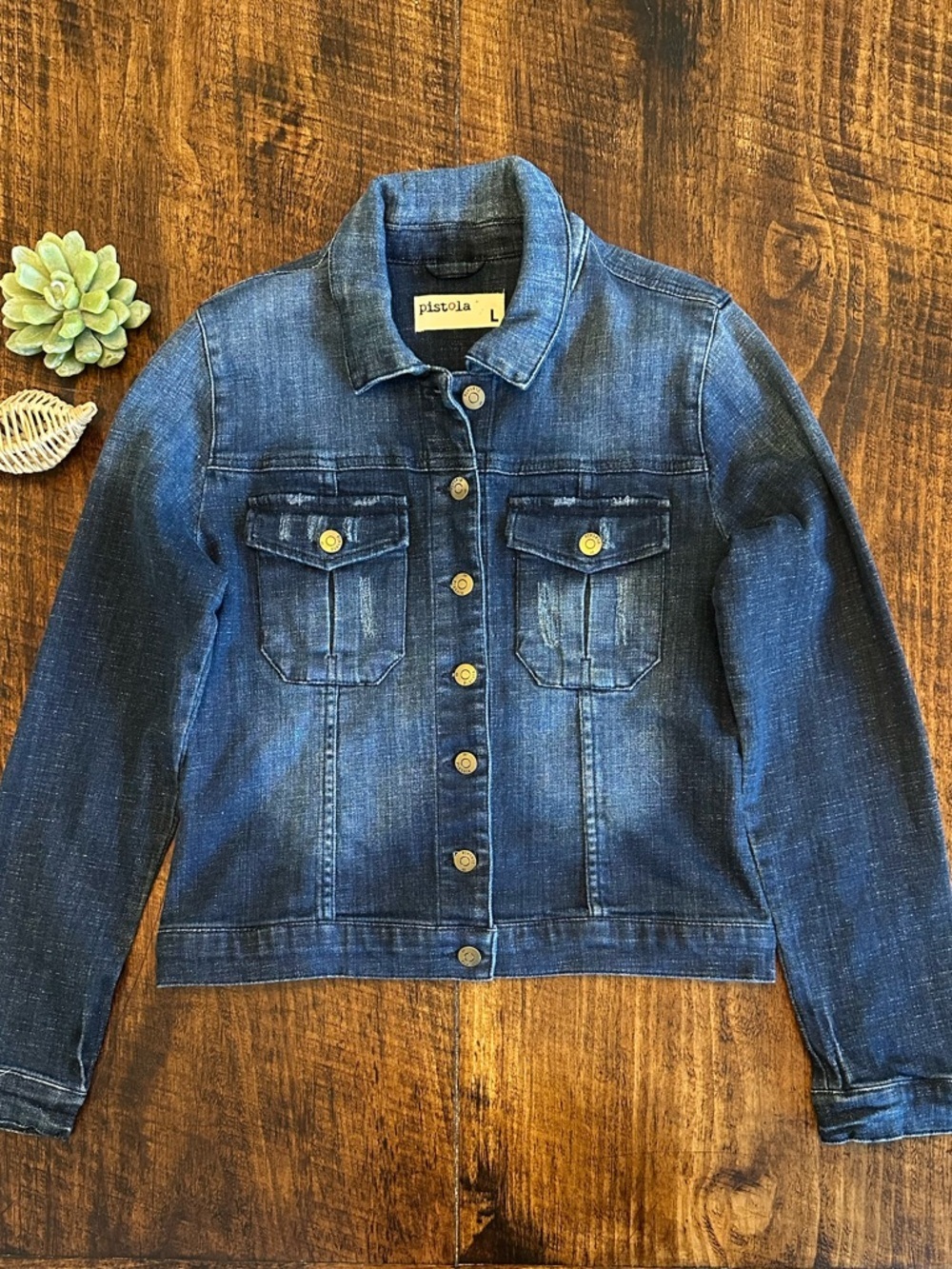 Pistola | Distressed Cropped Denim Jacket in Dark Wash, Size L